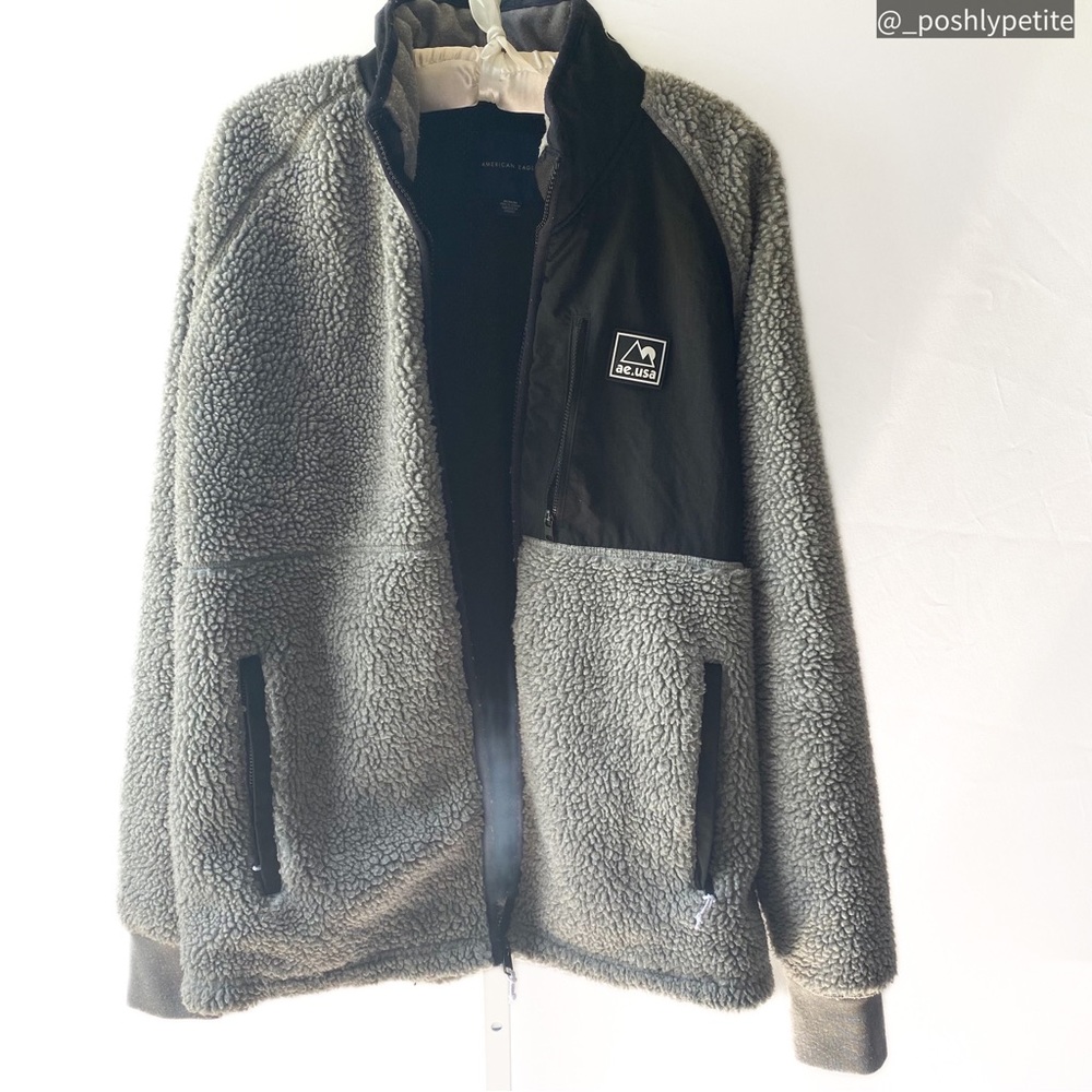 American Eagle: Men’s Sherpa Jackets Full Zip Fleece Jacket Lined Gray Size